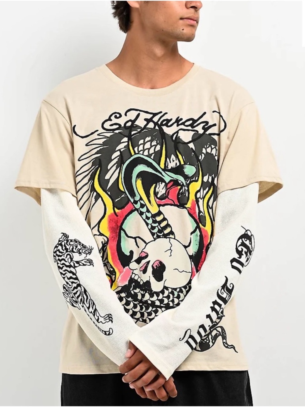 Ed Hardy Cobra Skull Cream Graphic Long-Sleeve Layered T-Shirt